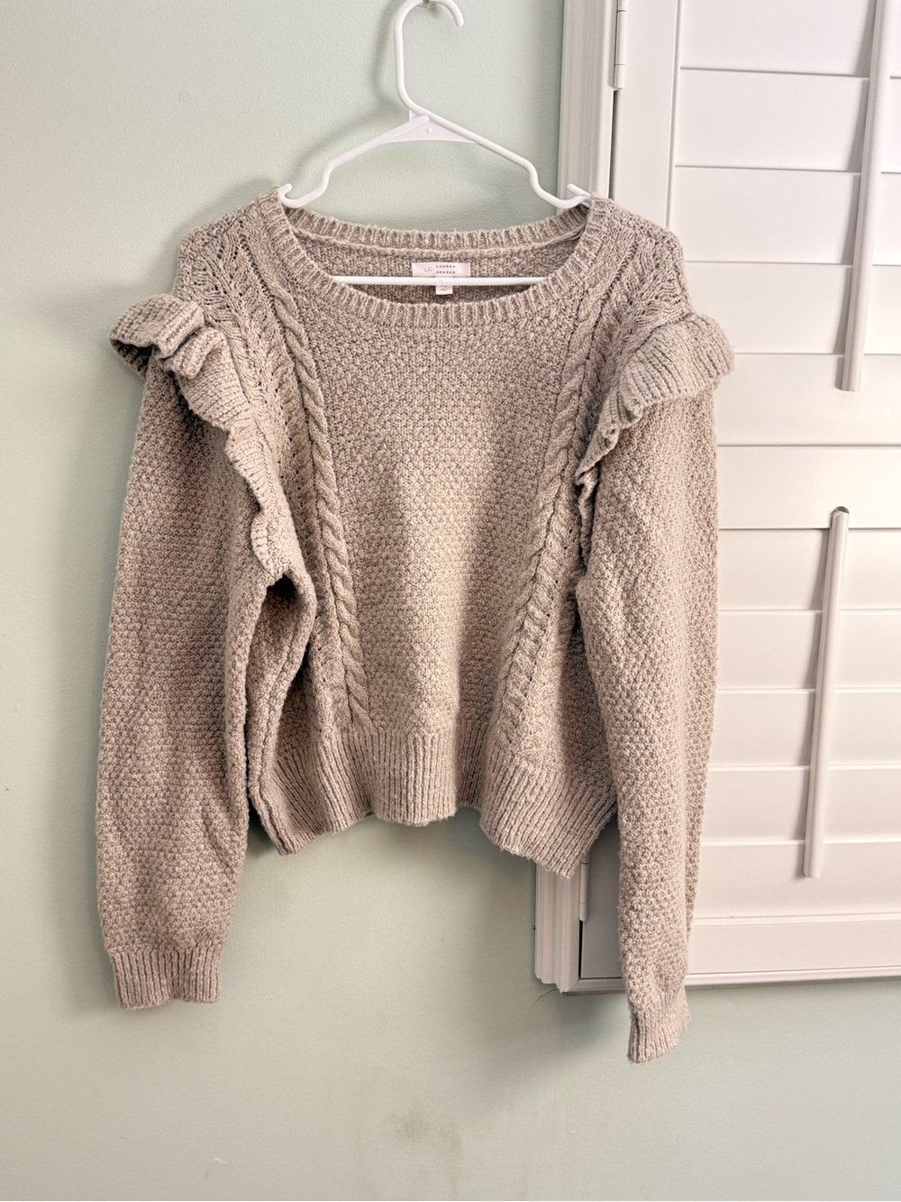 LC Lauren Conrad Taupe Ruffle-Shoulder Cable Knit Sweater